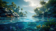 Under The Water Is A Very Detailed Tide And A Coral Reef, Above The Water Is A Beautiful Tropical Island With Large Palm Trees. Generative AI