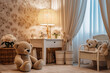 table with a plush toy bear in the baby room, creative ai