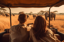 Point Of View Shot A Couple In A Safari Vehicle Looking At Elephants