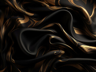 Gold cloth flying in the wind isolated on black background. Silk black fabric with bronze glow whirlwind wind. Wave shining gold and purple angle silk texture creative resource. Generative AI