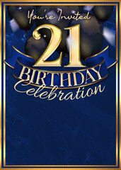 Wall Mural - 21st Birthday Party Invitation Template Blue Gold Design