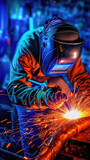 Fototapeta Londyn - The welder is dressed in appropriate protective equipment for welding, performs the process of welding metal, producing numerous sparks. Generative AI