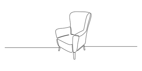 Poster - Home interior in one continuous line drawing. Modern furniture armchair in simple Linear style. Editable stroke. Doodle outline vector illustration