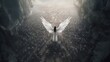 A holy angel, an archangel with wings, hovers over a crowd of people. The coming of Christ. Generative AI