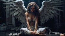 Holy Girl Angel With White Wings In The Temple. Sad Fallen Archangel. Generative AI