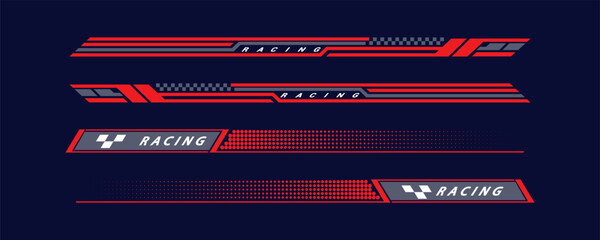 Tuning racing sport stripes. Sports racing stickers, sports car, motorbike and boat decals. Striped vehicle tuning bars flat vector illustration set