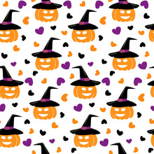 Endless Pattern Of Pumpkin In Witch Hat With Smiling Face And Hearts Around In Trendy Halloween Hues