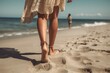 Leinwandbild Motiv Women's legs on the beach near the sea. Travel concept. AI generated, human enhanced