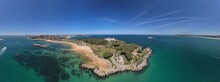 Aerial Panoramic View Of The Magdalena Peninsula, A 69-acre Peninsula Near The Entrance To The Bay Of Santander In The City Of Santander, Cantabria, North Coast, Spain, Europe