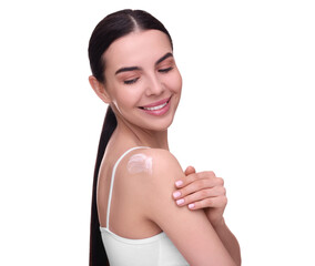 Canvas Print - Beautiful woman with smear of body cream on her shoulder against white background