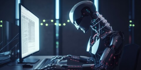 Wall Mural - artificial intelligence robot using computer software for gpt binary coding. distinct generative ai 