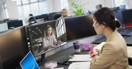 Poster - Composition of asian businesswoman using computer and laptop with ai call on screen