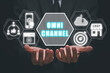 Omni channel concept, Person hand holding omni channel icon on virtual screen.