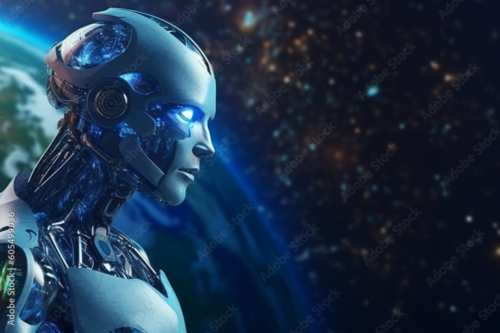 Humanoid Cyborg Robot With Planet Earth Concept Of Artificial