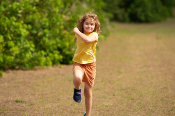 Sticker - Morning running jogging with children. Child runner jogger running in the nature. Active healthy kids lifestyle. Sporty kid running in street. Sporty child boy runner running in park.