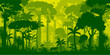 © Vector Tradition - Jungle forest silhouette, rainforest background. Amazon forest scenery, african or Brazil jungle environment vector backdrop, wallpaper with palm trees, lianas, jaguar and elephant animals silhouettes