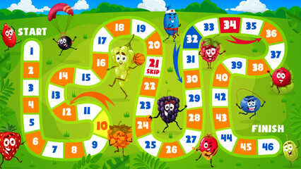 Wall Mural - Kids board game cartoon berry characters on summer party. Vector worksheet with rosehip, black currant, strawberry, grape, clouberry and cranberry, blackberry, honeyberry, blueberry or raspberry