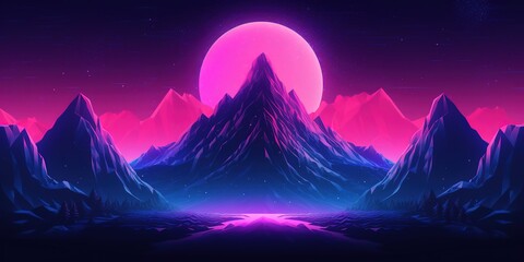 Wall Mural - Aesthetic mountain synthwave retrowave wallpaper with a cool and vibrant neon design, Generative AI