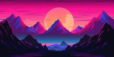 Wall Mural - Aesthetic mountain synthwave retrowave wallpaper with a cool and vibrant neon design, Generative AI