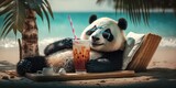 panda is on summer vacation at seaside resort and relaxing on summer beach Generative AI