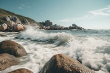 Sunny Beach With Waves Crashing Rocks And Splashing Water In Wide-angle Landscape. Generative AI