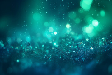 Fantasy-inspired bokeh background in green-blue with shimmering falling snowflakes Generative AI