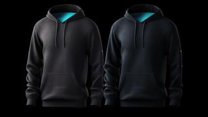 Blank black hoodie template. Hoodie sweatshirt long sleeve with clipping path, hoody for design mockup for print, isolated on white / black background. Sport wearsuit. Genereative AI