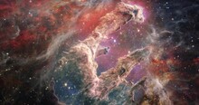 Fly Towards The Pillars Of Creation In The Serpens Constellation. Zooming Into The Elephant Trunks Of Interstellar Gas And Dust In The Eagle Nebula.