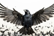 A Bird Spreading Its Wings With Black Birds Depicted On Back And Wings On A White Background. Generative AI