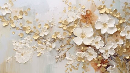 White flowers textured backdrops background with a lot of little ethereal florals, Chinese floral painting, white cream and tan colors with gold accents Generative AI 