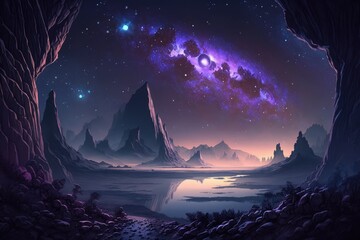 Wall Mural - landscape with galaxy background with fantasy night starry sky. distinct generative ai image.