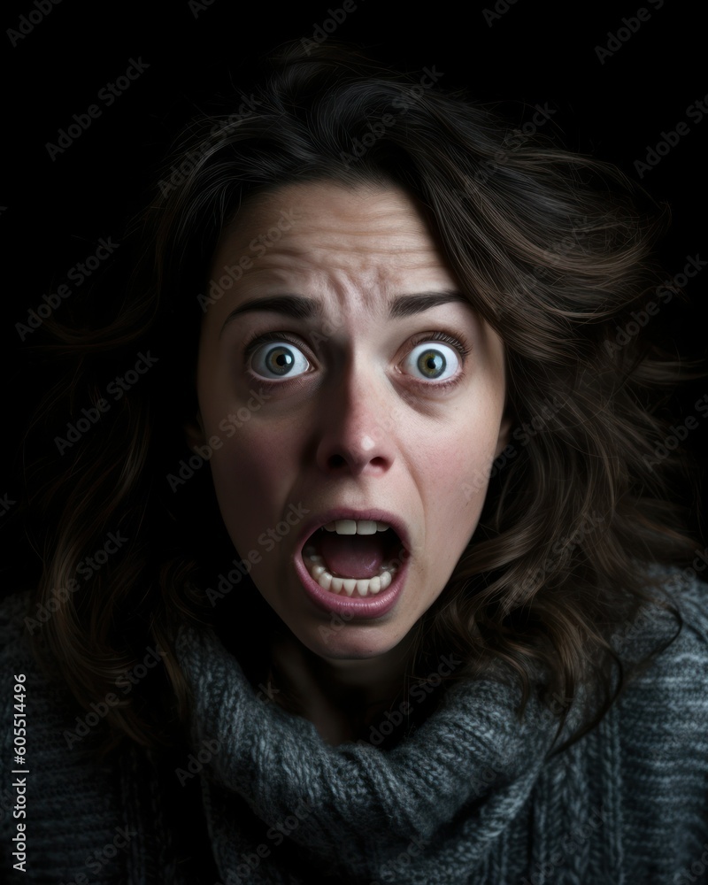 Scared woman facial expression. Terrified person isolated on black ...