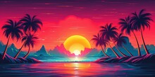 Aesthetic Beach Synthwave Retrowave Wallpaper With A Cool And Vibrant Neon Design, Generative AI