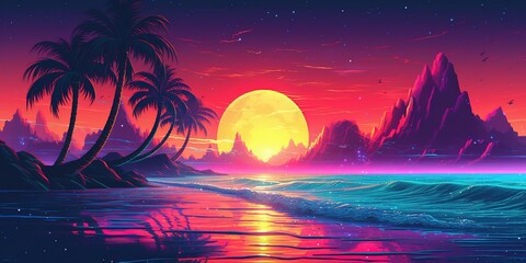 Wall Mural - Aesthetic beach synthwave retrowave wallpaper with a cool and vibrant neon design, Generative AI