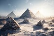 Pyramids covered in snow with sunlight, depicting a possible ice age due to global cooling. Generative AI
