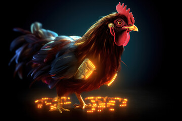 Wall Mural - Image of chicken with beautiful colors and light on a dark background. Farm animals. Illustration, generative AI.