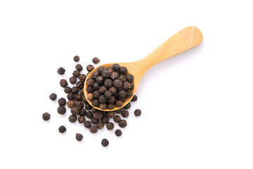 Canvas Print - Black pepper or peppercorns in wooden spoon isolated on white background , top view , flat lay.