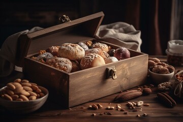 Wall Mural - Box of sugary pastries and a pile of nuts on a wooden table. Generative AI