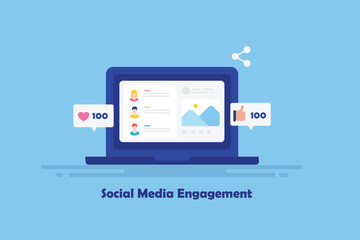Wall Mural - social media post engagement and audience activity displays on interactive dashboard laptop screen, 