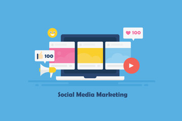 Wall Mural - social media marketing, post content on laptop screen with megaphone, emoticon and interactive count
