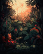 An image of a jungle scene red, green, and dark tones created in an illustrative style. Created with Generative AI.