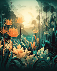 An image of a forest flora scene done in an illustrative style. Created with Generative AI.