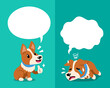 Vector cartoon character corgi dog expressing different emotions with speech bubbles for design.