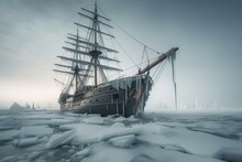 Ship On Icy Expedition In Late 1800s. Generative AI