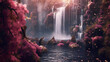 © 由佳 大柿 - Enchanted Waterfall Romance, where the ethereal beauty of a daylight-illuminated fairytale landscape merges with a cascading pink wonder, captivating with cinematic light and dreamlike ambiance