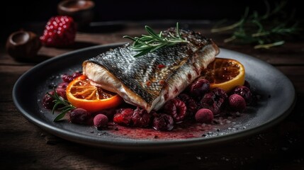 food photo of acqua pazza barramundi with blur background complete composition