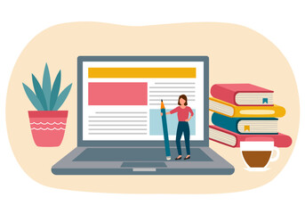 Copywriter freelance and blogger author create online article content concept vector illustration. Female writing web content on computer.