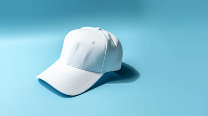 Wall Mural - A white baseball cap on a blue background. Mockup. Generative AI.