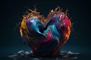 Wall Mural - Metallic heart with colorful fluid waves in abstract design. Generative AI