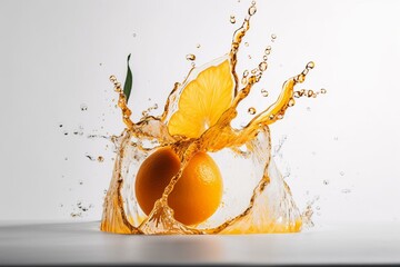 Wall Mural - Orange juice splashing with ripples on white background. Generative AI